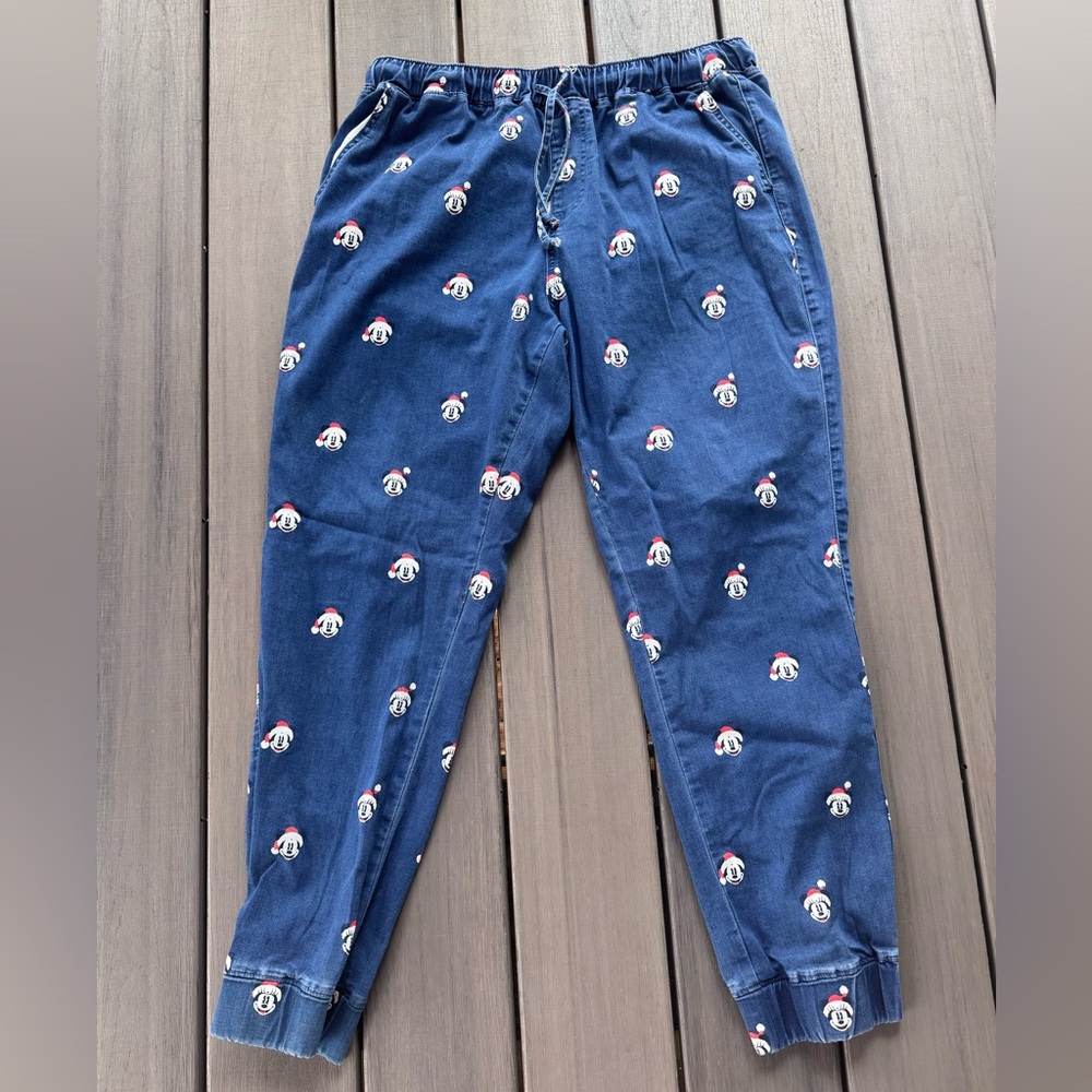 Disney Mickey & Minnie Mouse Christmas Santa Jeans Joggers Pants Elastic Size XL